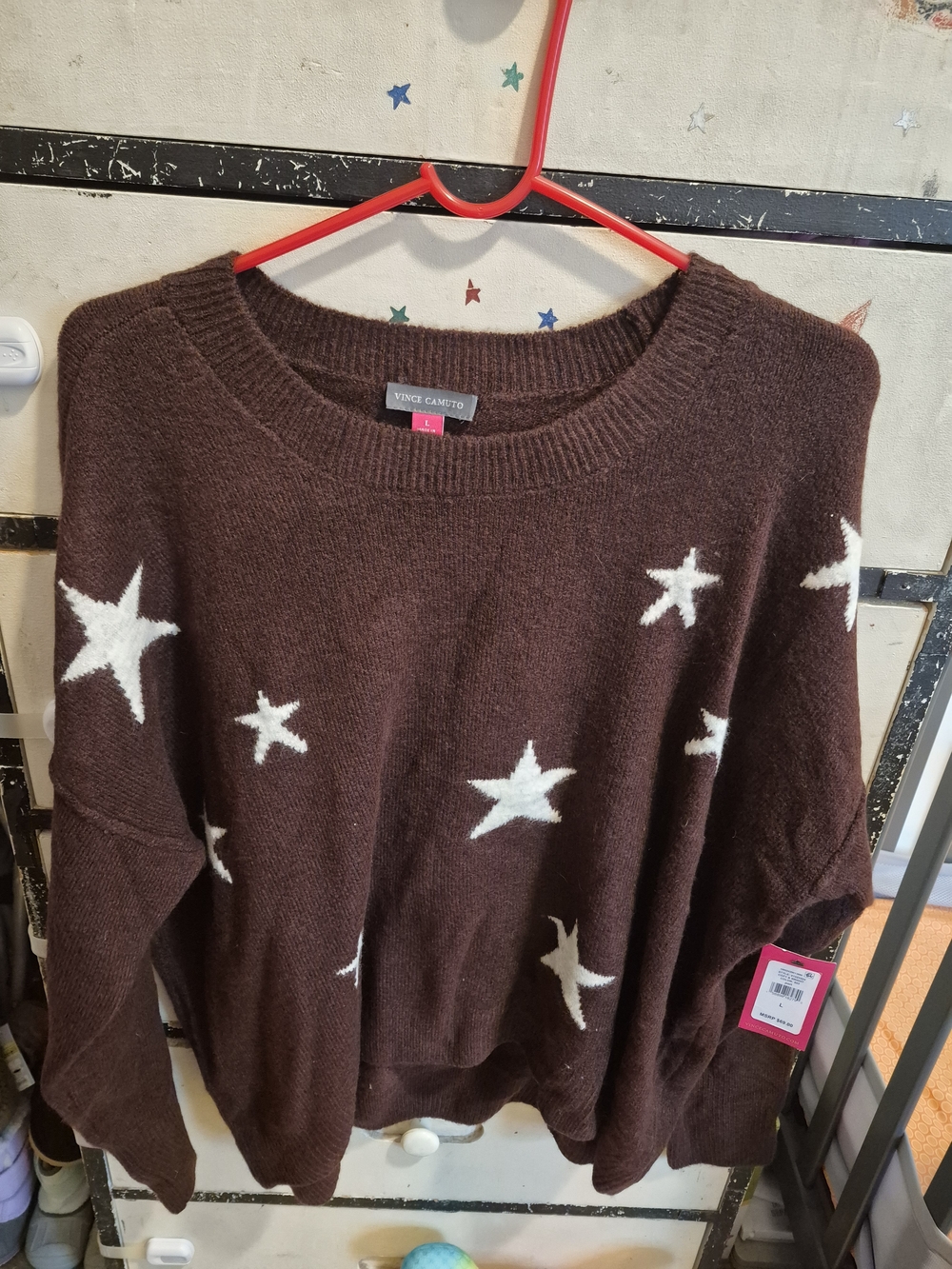 Vince Camuto Chocolate Brown Star Crewneck Sweater
